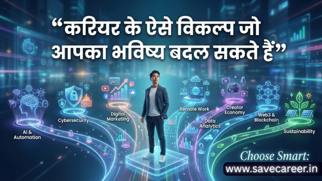 showing modern Career Options like AI, digital marketing, cybersecurity, freelancing, and remote work paths that can change your future