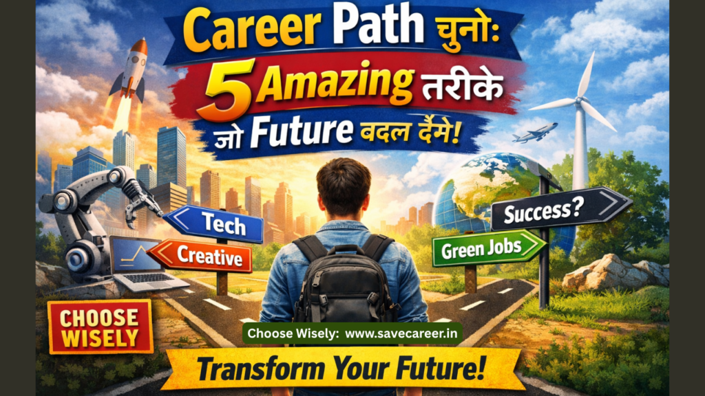 A young professional standing at a crossroads, exploring multiple career paths including Tech, Creative, Green Jobs, and Success, symbolizing career growth, opportunities, and future planning.