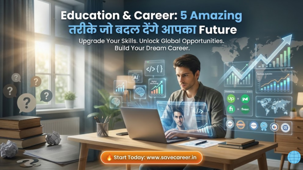 A motivated young professional standing at a crossroads with digital career icons like AI, remote work, coding, online learning, and freelancing around them, symbolizing five powerful education & career strategies that can transform your future success globally.