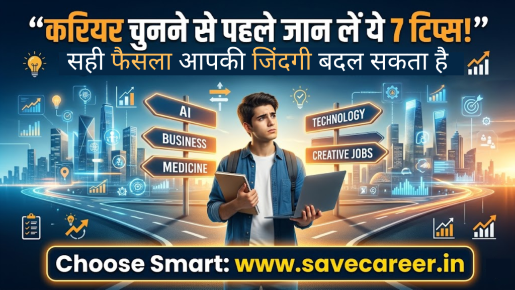 A confused young professional standing at a career crossroads while receiving guidance from a career counselor, symbolizing career counseling tips to choose the right career path and improve life decisions.