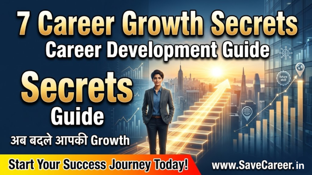 A motivated young professional climbing upward steps labeled with skills, networking, personal branding, communication, and mindset, symbolizing career development and fast professional growth in the modern global job market.