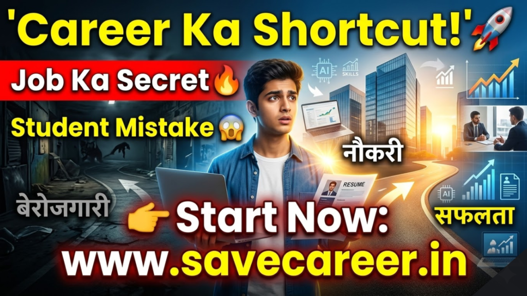 A motivated college student using a laptop with career growth icons, resume elements, and job opportunity graphics, representing smart job career hacks and modern student success strategies.