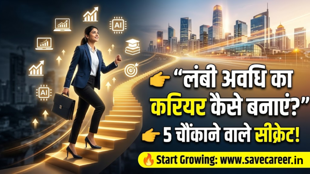A professional individual climbing a career growth ladder with digital elements like AI, skills icons, and global opportunities, representing long-term career success strategies and future growth.