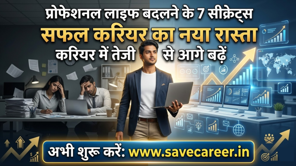 A motivated professional standing at a crossroads with glowing career paths ahead, symbolizing professional life transformation, career growth strategies, productivity improvement, and seven powerful secrets to succeed in modern professional life.