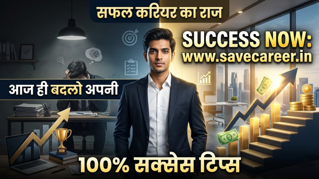 A motivational featured image showing a confident young professional climbing stairs toward success with glowing icons representing skills, growth, and goals, highlighting “Successful Career के लिए 7 Secrets जो बदल दें जिंदगी” in bold Hindi text.