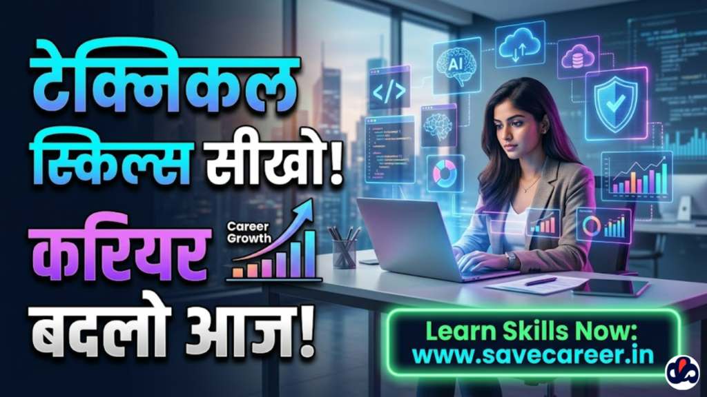 A modern digital illustration of a young professional learning technical skills on a laptop, surrounded by icons of AI, coding, data analytics, and cloud computing, symbolizing career growth and skill development.